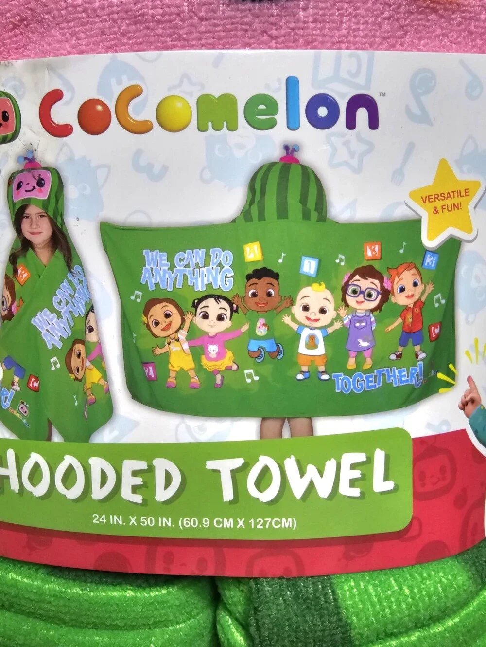 CoComelon Kids' Hooded Towel in Pink and Green